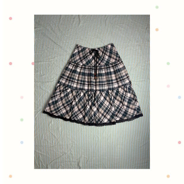 그린 체크 미디 스커트
