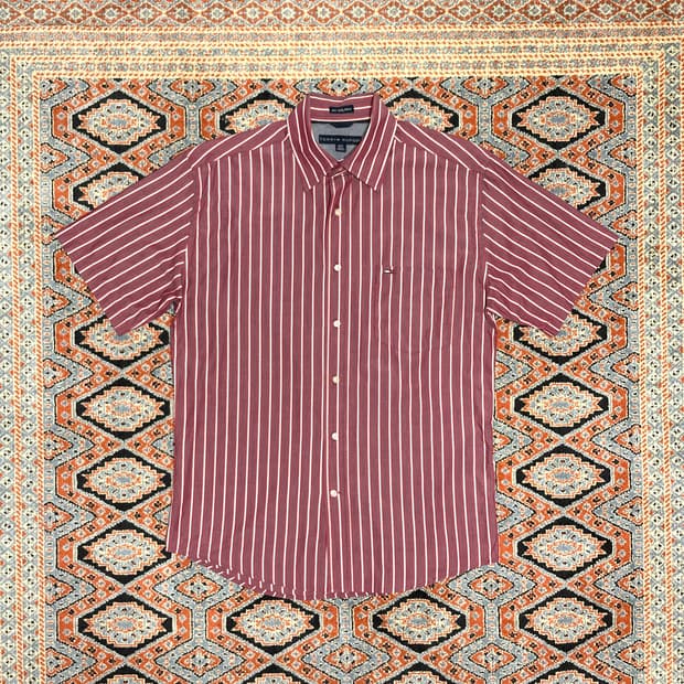 타미힐피거 레드 세로 스트라이프 반팔셔츠 남성M