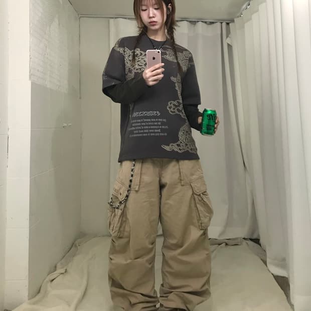 빈티지 오리엔탈 용 프린팅 레이어드 롱슬리브