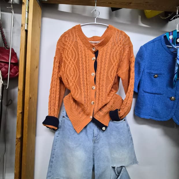 카멜오렌지 케이블 춘하 니트 가디건