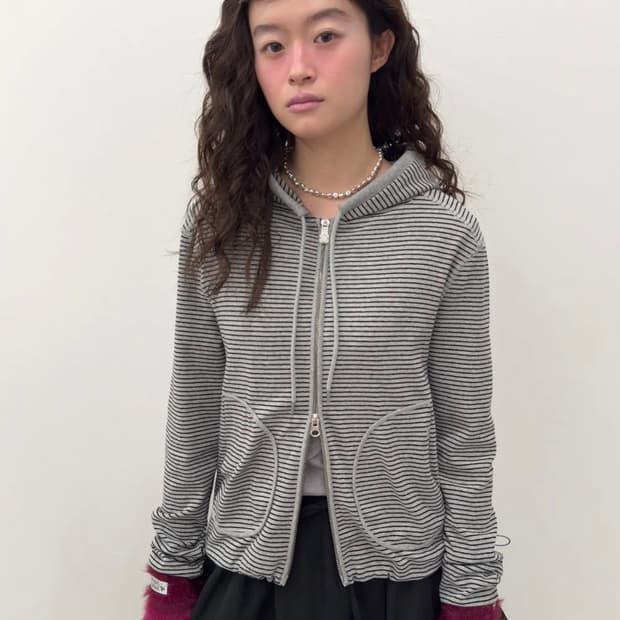 Striped Pocket Zip Hoodie [Gray]