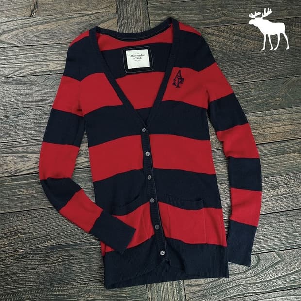 [아베크롬비] 로고 자수 볼드 스트라이프 브이넥 니트 가디건 M19085