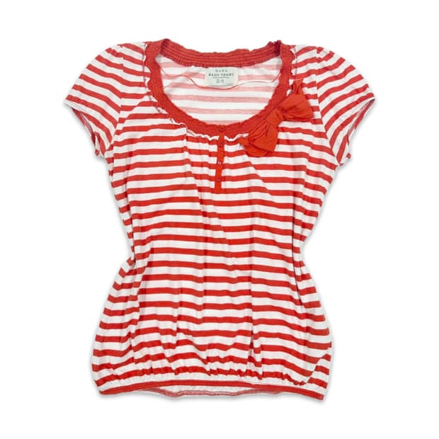 빈티지 자라 스트라이프 리본 반팔 블라우스