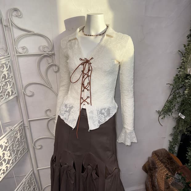 Ivory floral lace western lace up blouse