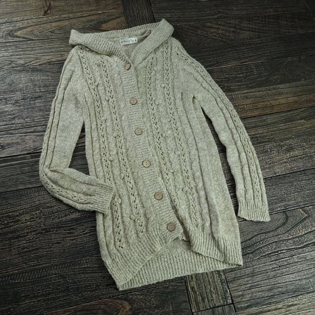 [일본빈티지] 에스닉 후드 니트 롱 가디건 베이지 M18303