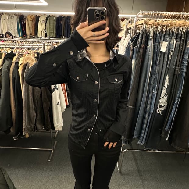 M)Skkone 빈티지 블랙 스트라이프 웨스턴 셔츠