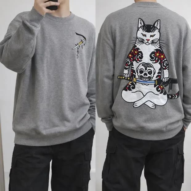 GANThree by MARIE 타투캣 그래픽 맨투맨 스웻셔츠/그레이XL