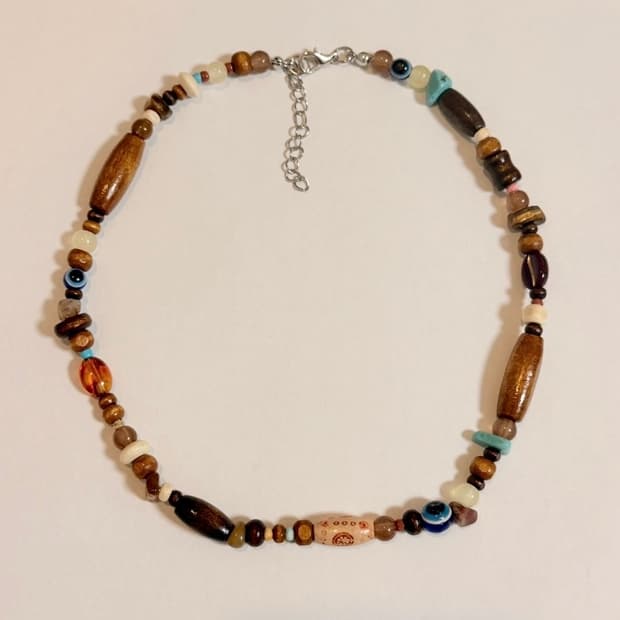 핸드메이드 빈티지 데이먼알반 비즈목걸이 그런지 에스닉 우드 인디