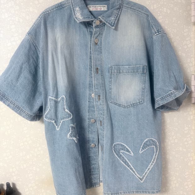 더뮤지엄비지터 스타데미지 데님 하프 셔츠 L