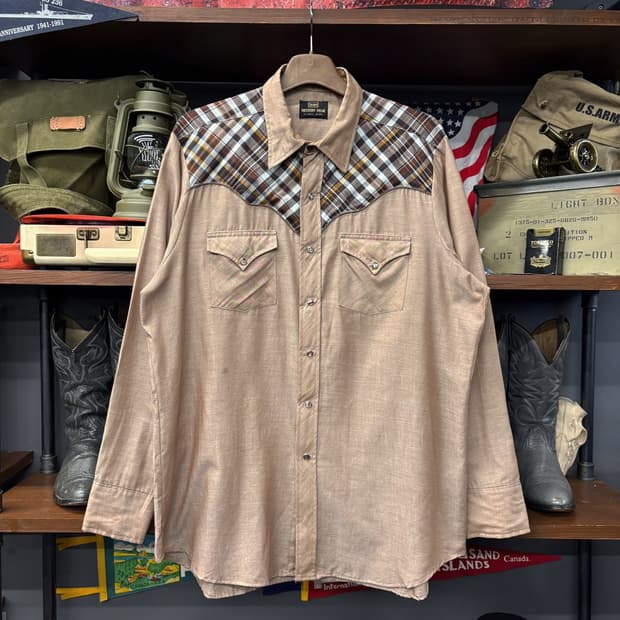 70s Sears 시어스 타탄체크 숄더패드 요크컷 웨스턴 셔츠 N596