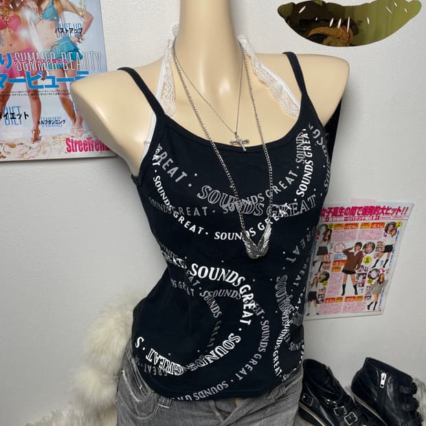 Y2k 블랙 큐빅 레터링 나시 슬리브리스