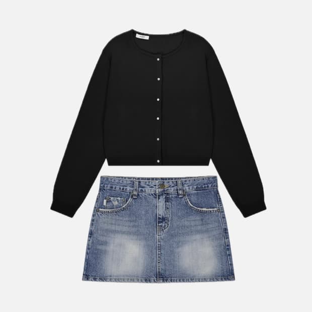 글로니 클래식 루즈핏 가디건 & 벨라 데님 미니스커트 세트 