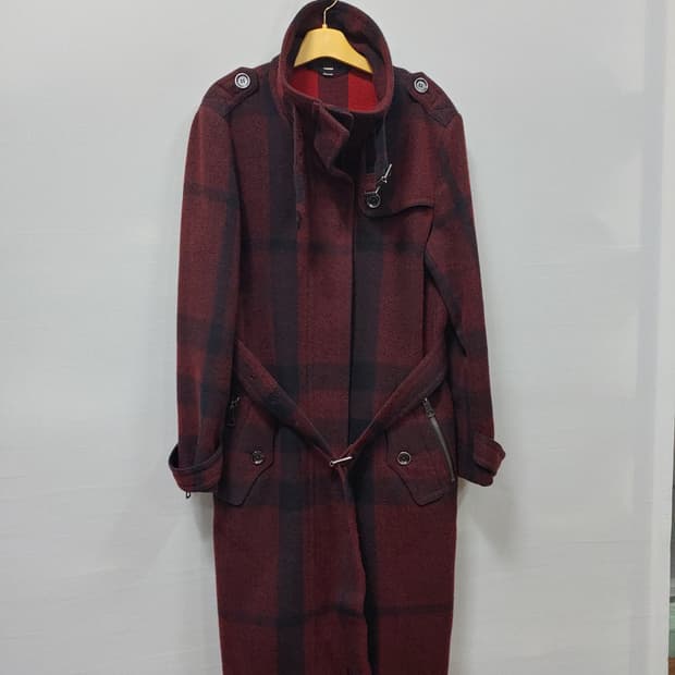 버버리 체크 패턴 롱 코트 버건디 여성 ITA44 국내55~66