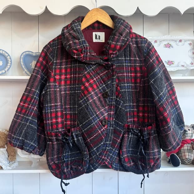 체크 패턴 울 자켓 숏 코트