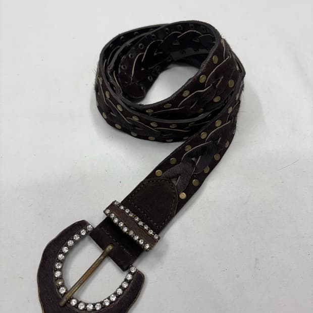 빈티지 브라운 스터드 브레이드 레더 벨트