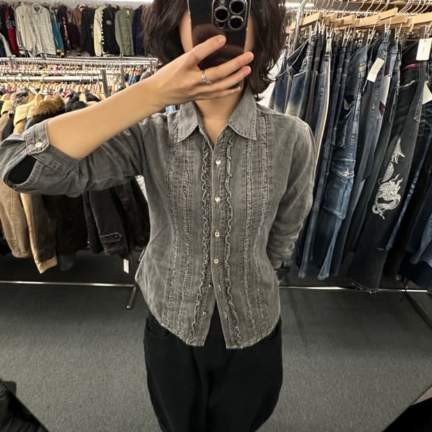 M)Japanese vintage 여성 흑청 셔링 데님 셔츠