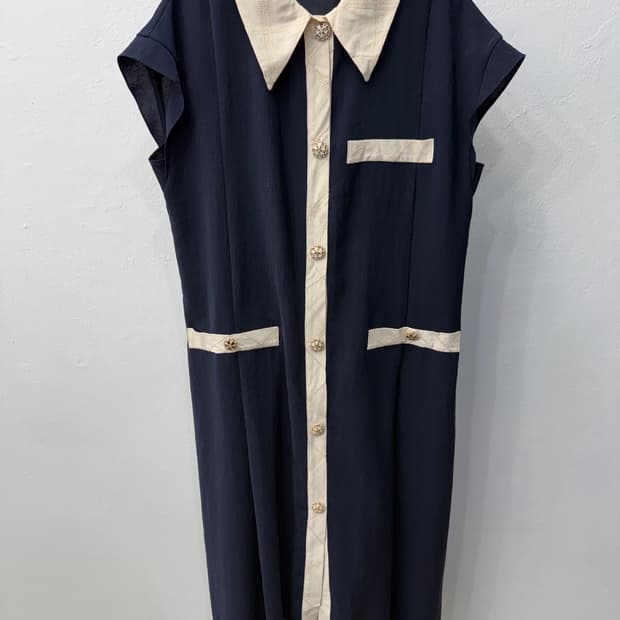 정품) TIME 한섬 네이비 카라 반팔 원피스 82 F