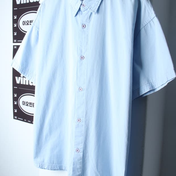 (M-XL) 퍼스텝 반팔 카라 티셔츠 셔츠 남방 연블루 무지-H32124