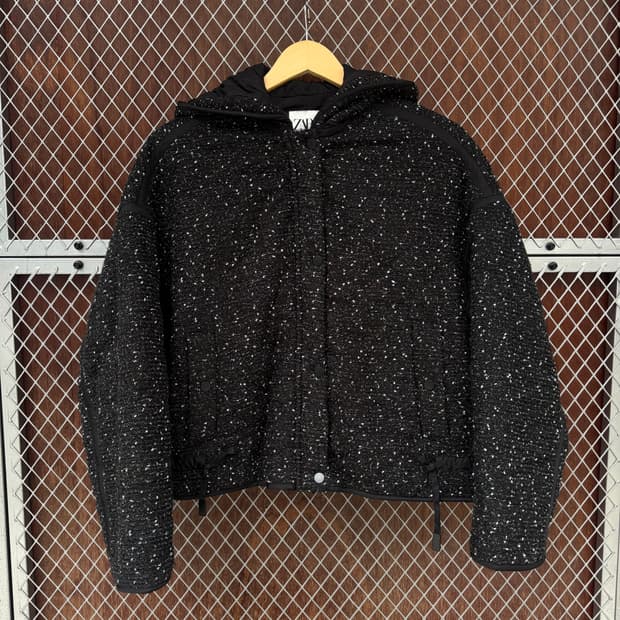 zara 자라 블랙 트위드 보카시 누빔 크롭 후드 자켓 L