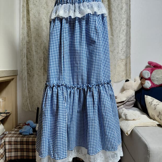 [빈티지 리폼] 블루 체크 캉캉 롱 스커트 레이스
