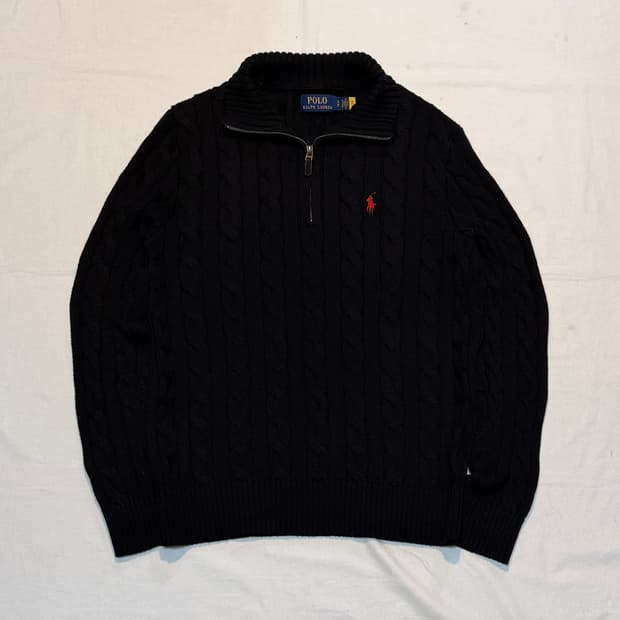 큐알 신형 폴로 랄프로렌 반집업 꽈배기 케이블 니트 블랙