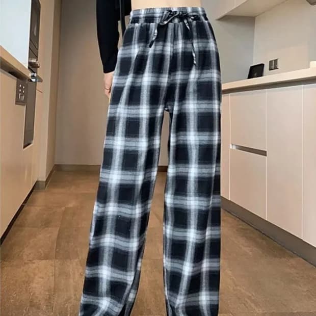 체크무늬 바지 와이드 팬츠 중성계 섭컬 L 커플 잠옷