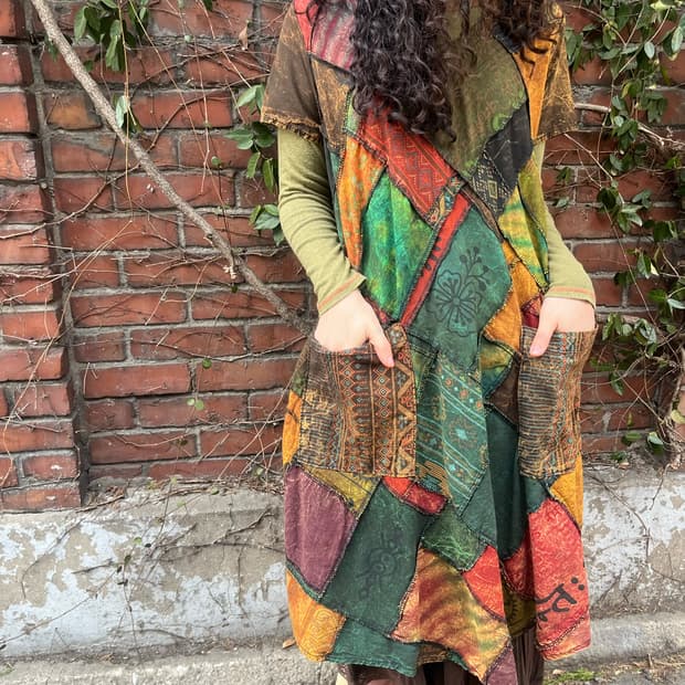 히피 에스닉 패치워크 미디 원피스