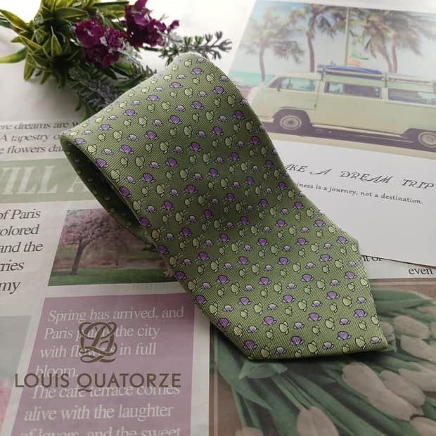 루이까또즈 실크 그린 플로럴 패턴 넥타이 8.6cm A+등급 A18752