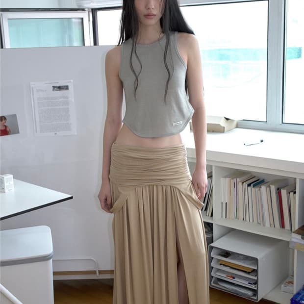 Drape turn over long skirt, SAND