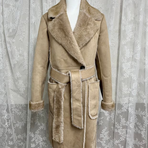 XS) dkny 도나카란 노치드 칼라 벨트 무스탕 코트