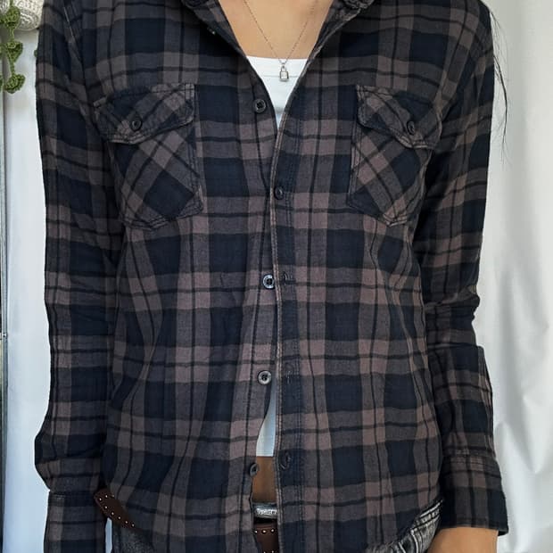 빈티지 후드 체크 긴팔셔츠