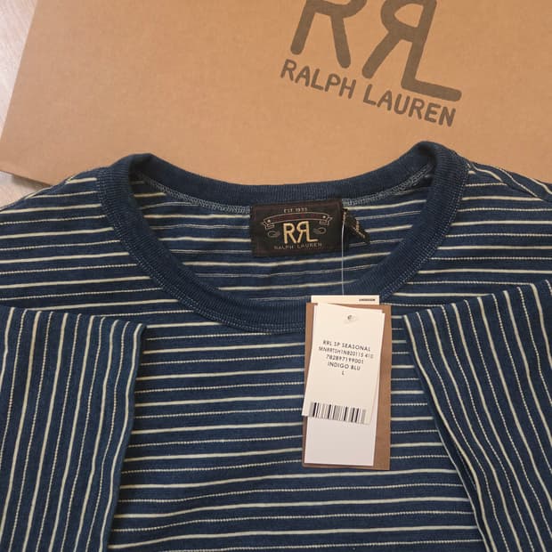 (새상품L) RRL 인디고스트라이프 크루넥 반팔 L 26ss