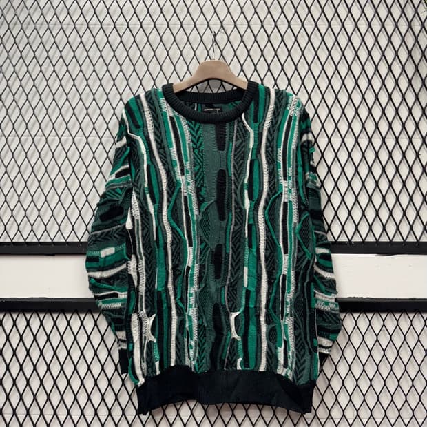 JPN VTG 웨이브 패턴 롱 니트 스웨터 케이블 디테일 카키