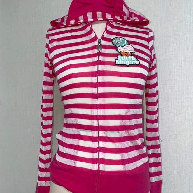 키치 팝갸루 패치 핑크 스트라이프 후드집업