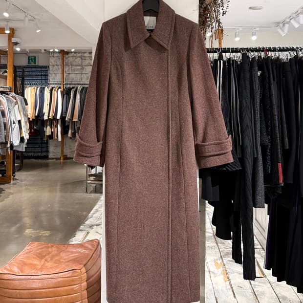 쿠메 브라운 울 블렌드 히든버튼 롱 코트