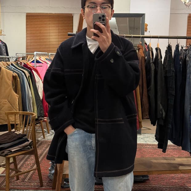 90s Contrast Stitch Wool Car Coat