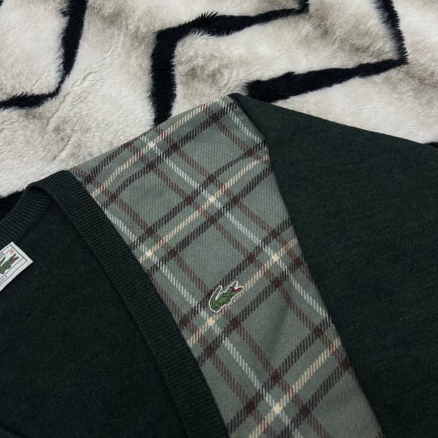 [L]라코스테 V넥 체크 가디건/다크그린