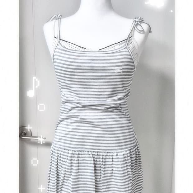 버버리 블루라벨 스트라이프 리본 끈 슬리브리스 히메갸루 오네갸루