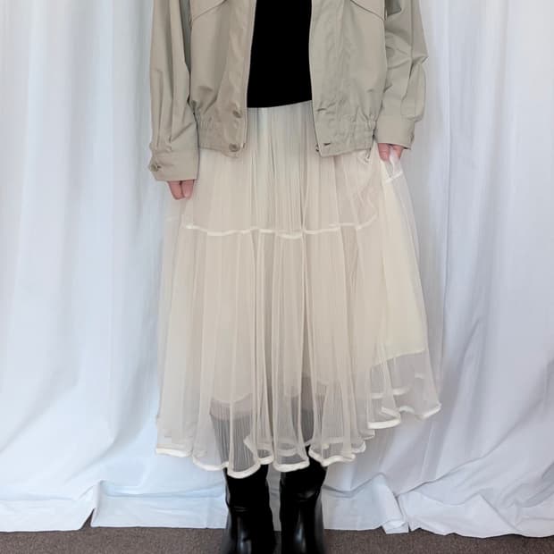 Stripe Sheer Layered Long Skirt - Ivory