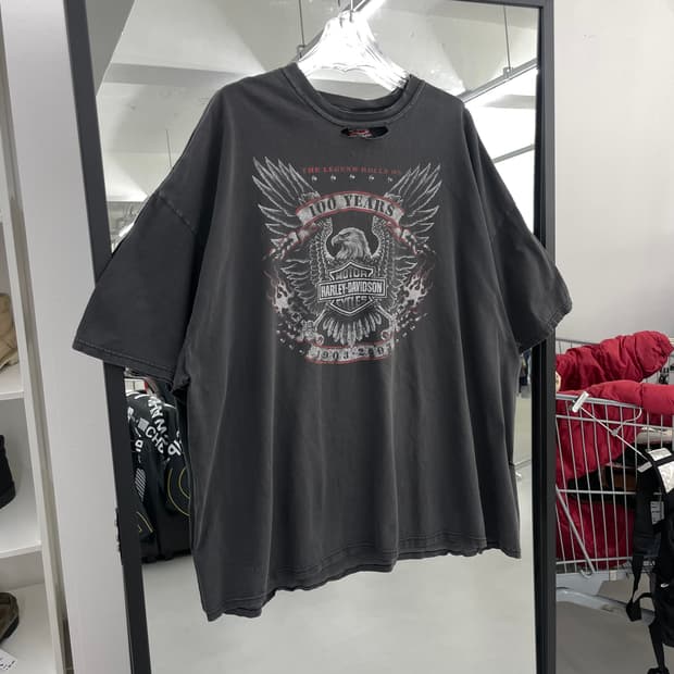 할리데이비슨 100주년 00s 하드페이딩 플레임 이글 빈티지 반팔티셔츠