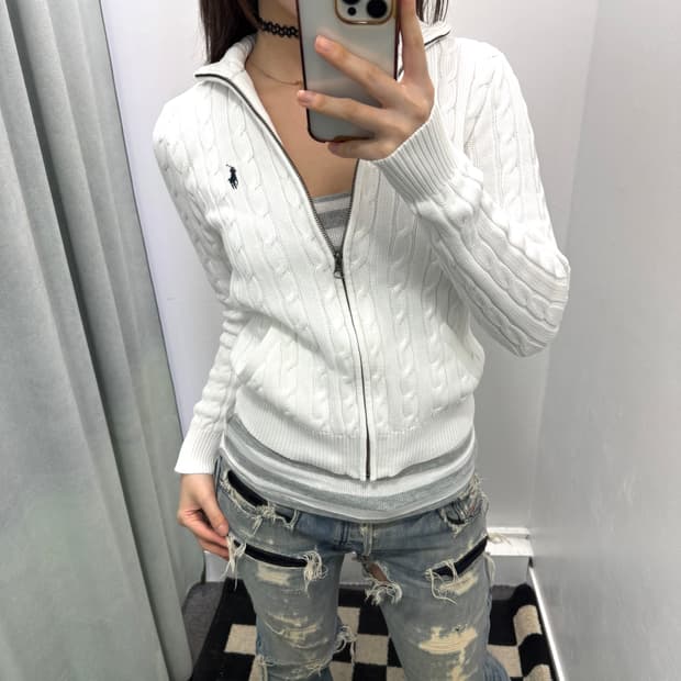 랄프로렌 스포츠 화이트 케이블 니트 집업