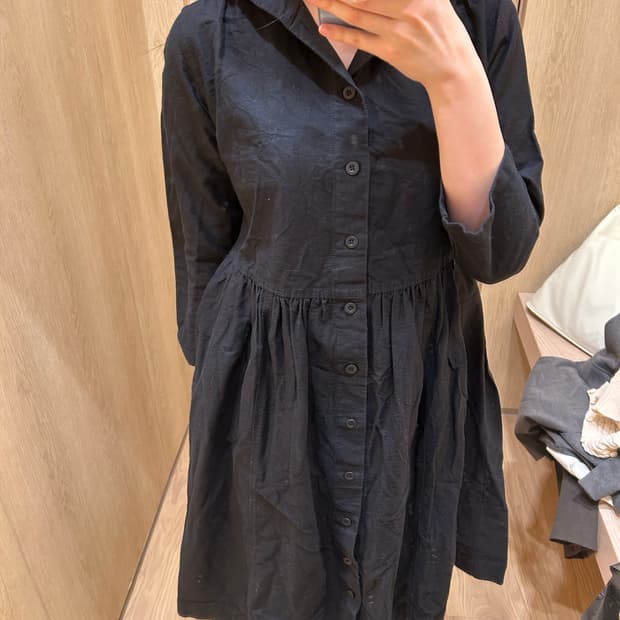 단추 후드 코튼 블랙 레이어드 원피스 모리걸