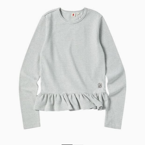 (실내착용 1회) 꼬모니노즈 여성 프릴 티셔츠 스트라이프 긴팔