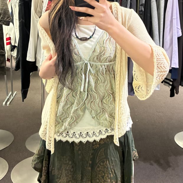 OS)Japanese vintage 여성 펀칭 디테일 니트 가디건(이염)