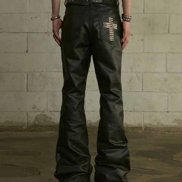 랜 아카이브 크로스 스터드 레더 팬츠 - 블랙