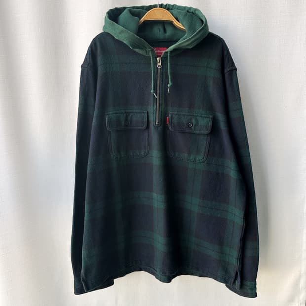슈프림 16FW 후디드 체크 하프 집업 플란넬 셔츠 네이비 그린 L