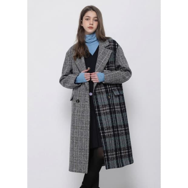 SJYP 체크 믹스 더블 롱 코트