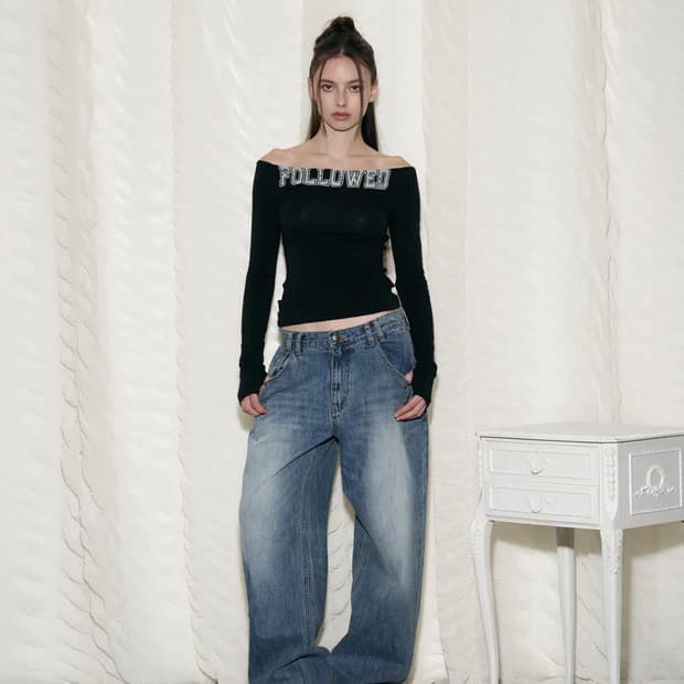 플리즈노팔로우 데님 팬츠 25Damaged Washing Wide