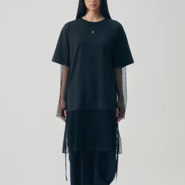 트리밍버드 레이어드 레이스 롱 슬리브 티셔츠 블랙