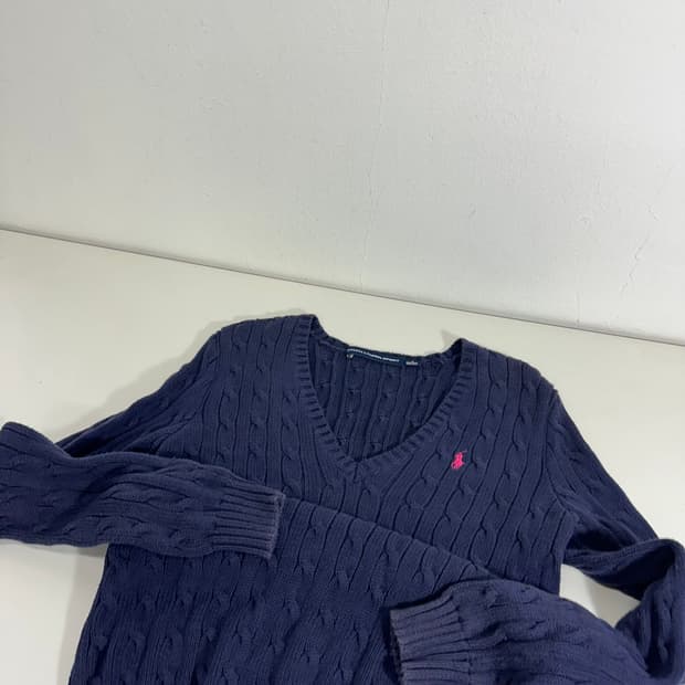 우먼M 폴로 랄프로렌 네이비 브이넥 꽈배기니트